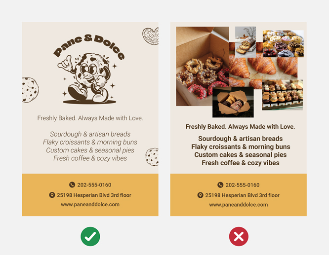 Business signs presenting simple and overwhelming graphics in each example
