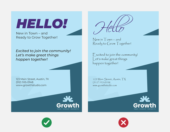 Two business signs featuring readable and illegible business messages correspondingly