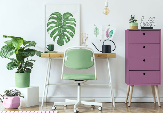 home office in green and purple complementary color scheme