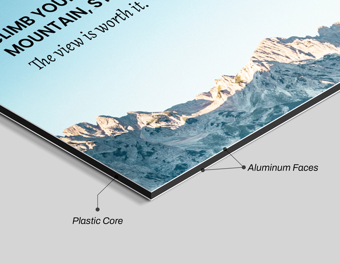 A close-up of dibond signs showcasing aluminum sheets and the plastic core sandwiched between them.