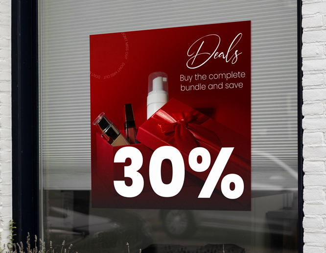 Red Black Friday window decal showing 30% discount for complete product bundle purchase.