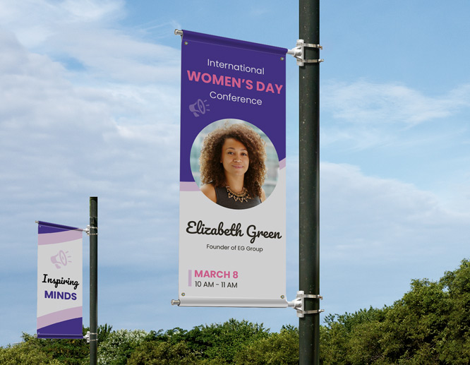 Promotional Women's Day poster displaying the women's conference details from a light pole