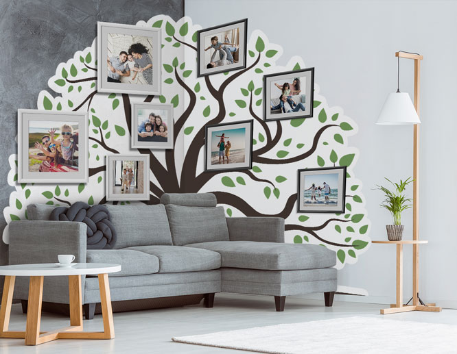Corner family tree wall decal joining two walls applied to the walls behind the sofa