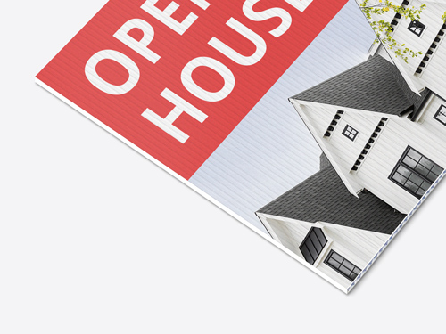 Open House corrugated plastic sign featuring an image of three neighboring houses.