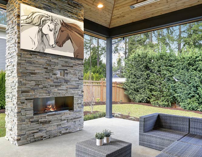 Wall art for covered patio decor displaying horse graphics