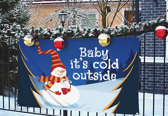 Vibrant Christmas fence sign with a funny snowman illustration