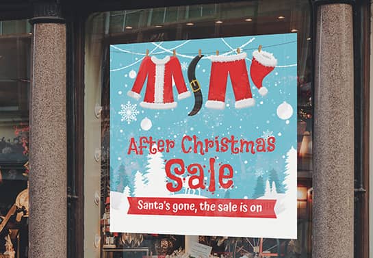 Crafty after Christmas sale sign with Santa clothes and snowflakes