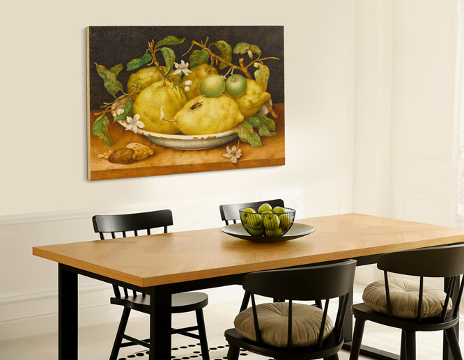 Vibrant dining room free printable artwork showing citrons in a ceramic bowl