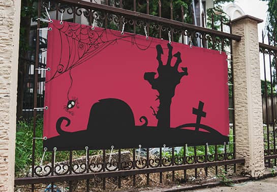 creepy Halloween banner design in pink and black