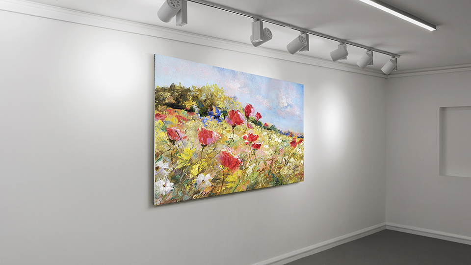 Metal print of a matte finish showcasing a landscape painting featuring a floral field