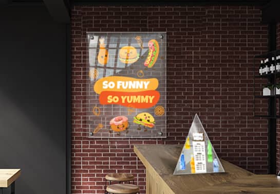 Custom-shaped acrylic frames with crafty graphics for cafes and restaurants