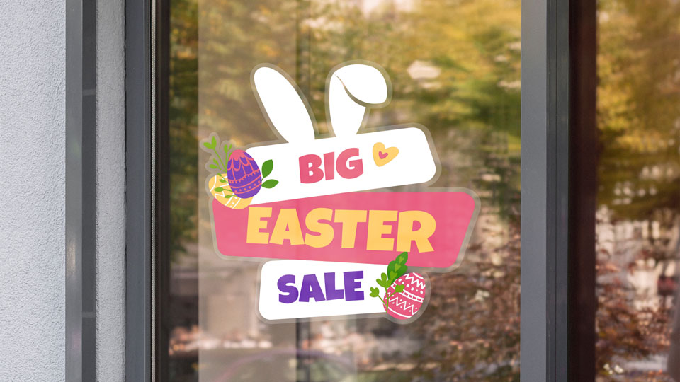 A full-color custom window cling for big Easter sales