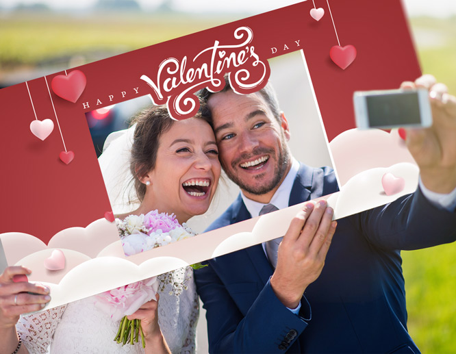 cut-out Valentine's Day decoration idea with heart elements for taking a couple selfie