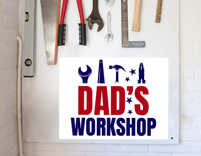 Dad's Workshop Father's Day gift idea with blue and red illustrations
