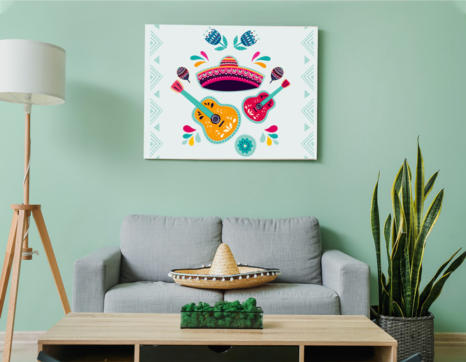 Decorative Cinco de Mayo sign portraying musical instruments set up on the living room wall