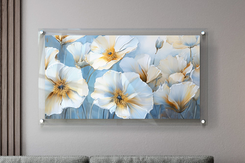 Decorative plexiglass signs featuring multiple white flowers with yellow cores