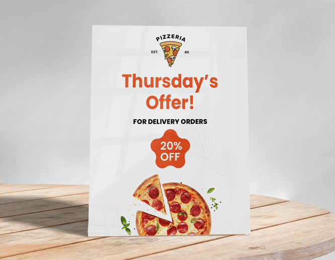 Restaurant freestanding acrylic sign displaying Thursday's Offer and 20% discount
