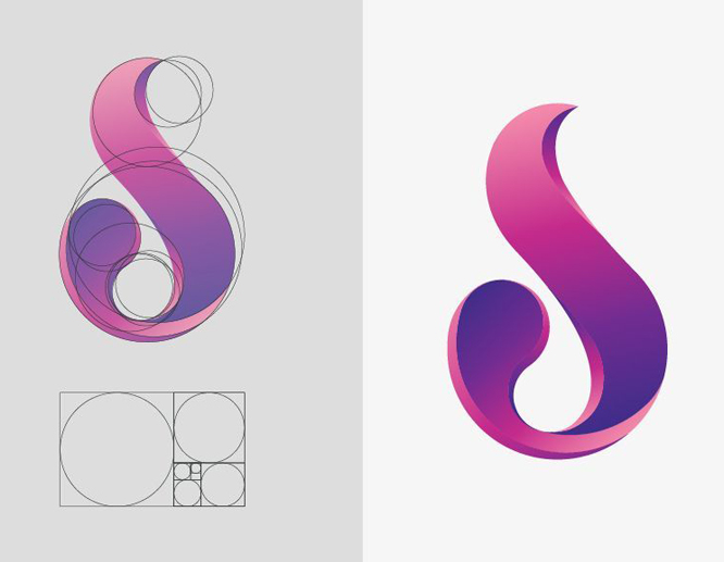 Pink and purple gradient S-shaped logo design with golden ratio grid guide.