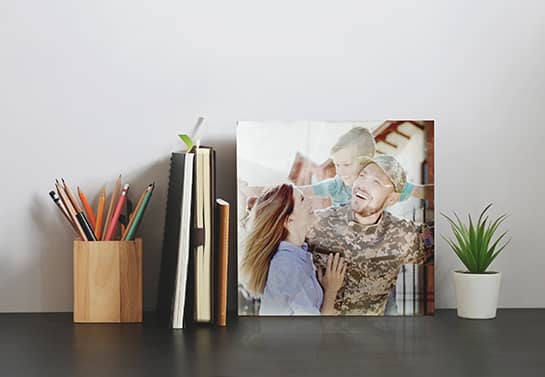 acrylic desk accessory gift idea for veterans with a family photo