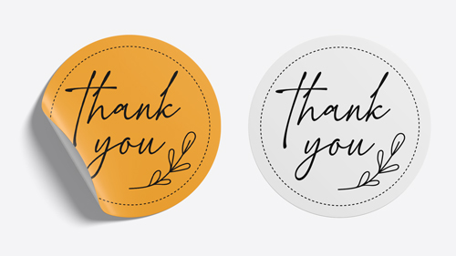 Different-colored circle die-cut stickers featuring 'Thank You' in a sleek design.