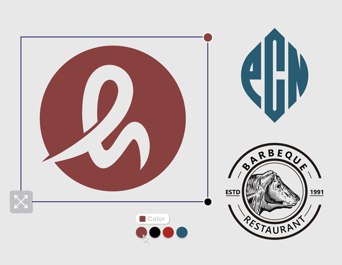 Three restaurant logos, red circular design, teal diamond monogram, and BBQ badge.