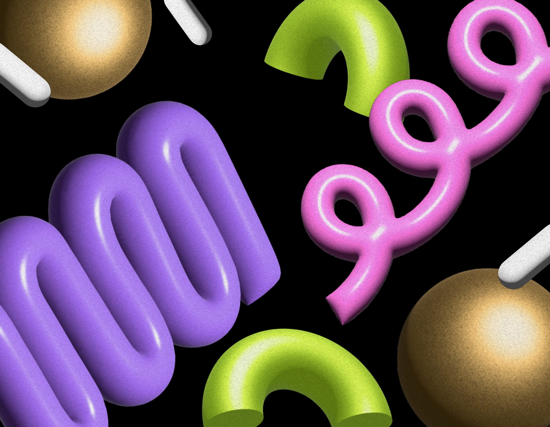 3D colorful abstract shapes including purple coils, pink chains, green arcs, and gold sphere.