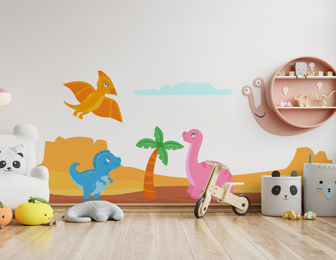 Colorful nursery peel and stick wall decal illustrating dinosaurs