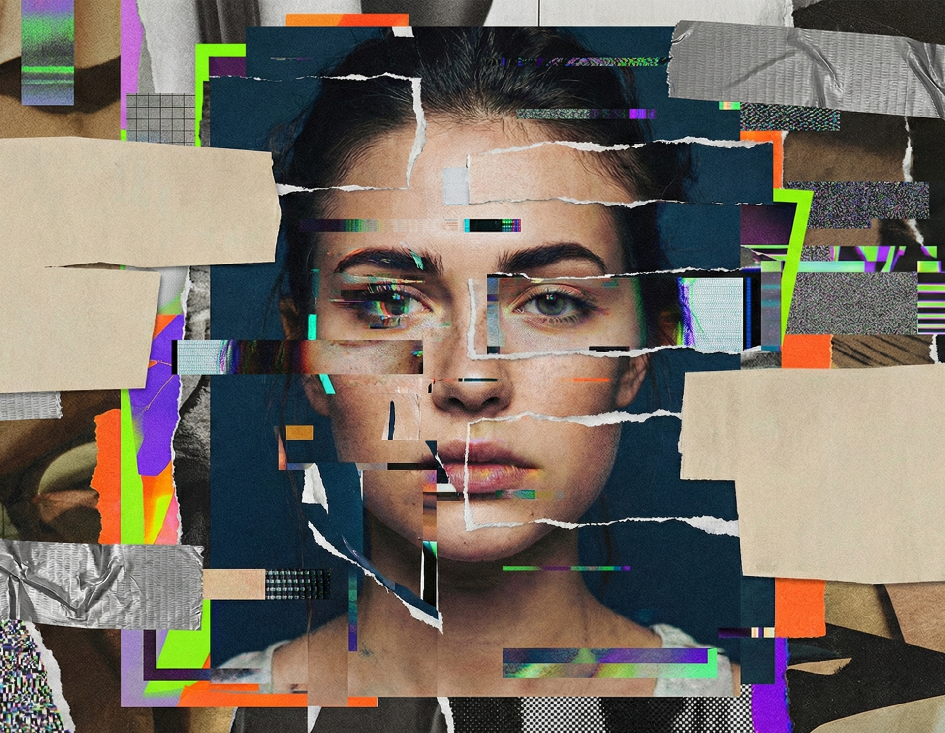 Portrait with glitch effect showing fragmented face with colorful geometric distortions.