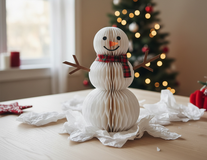 Handmade paper snowman craft with red scarf on a table decorated for Christmas.