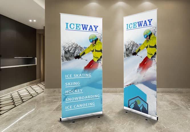 Double-sided telescopic banners with texts and graphics on both sides