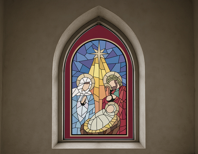 Vibrant Easter decoration in stained glass style on church window with religious depiction