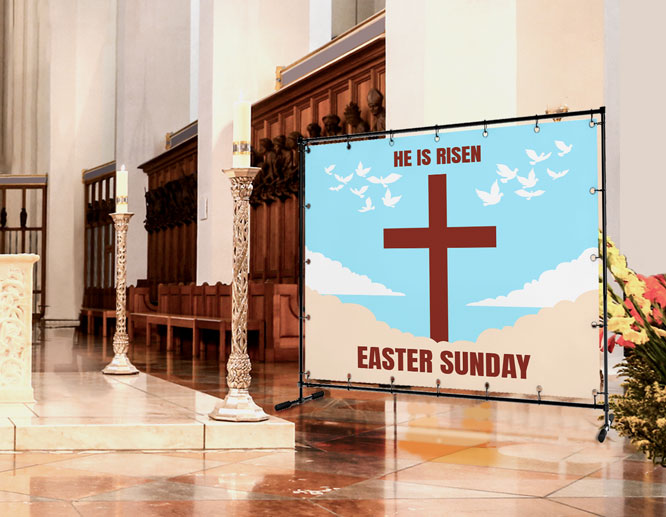 Easter decoration ideas with large stand banners set up inside the church