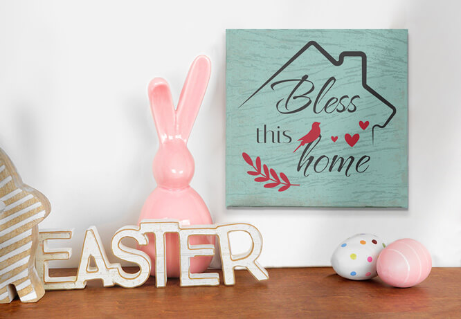 Easter decoration idea with a home blessing plaque on a wall