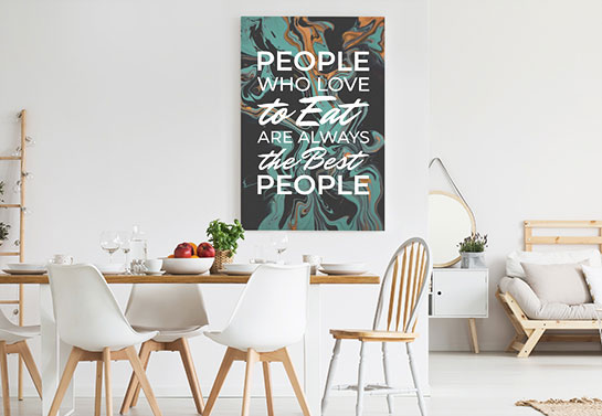 funny eating quote canvas idea with abstract design patterns on a dining room wall