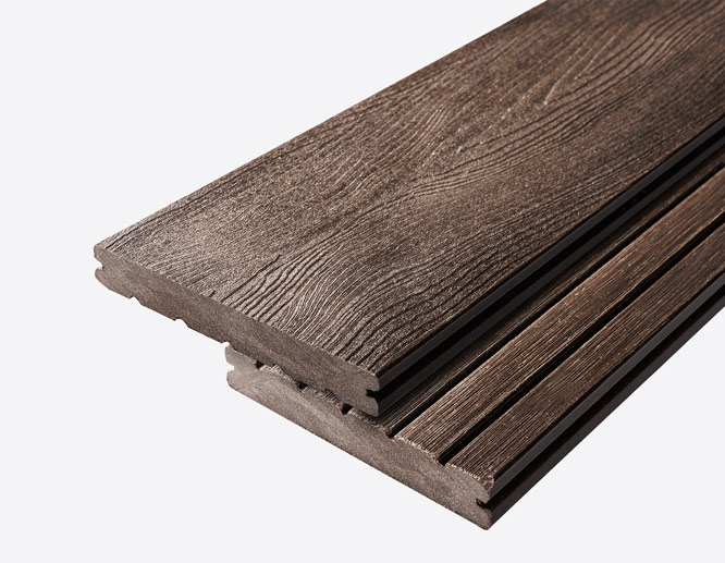 Close-up of eco-friendly composite decking boards with wood-grain texture.