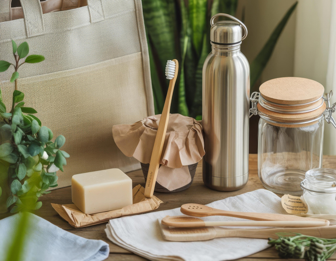 Eco-friendly household items including a bamboo toothbrush, bar soap, reusable jar, and stainless steel bottle.
