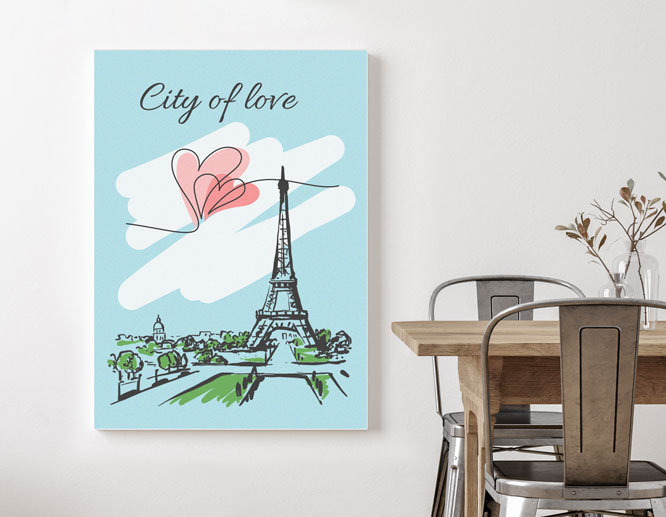 Romantic room decoration idea with a wall-mounted plaque picturing Eiffel Tower and a quote