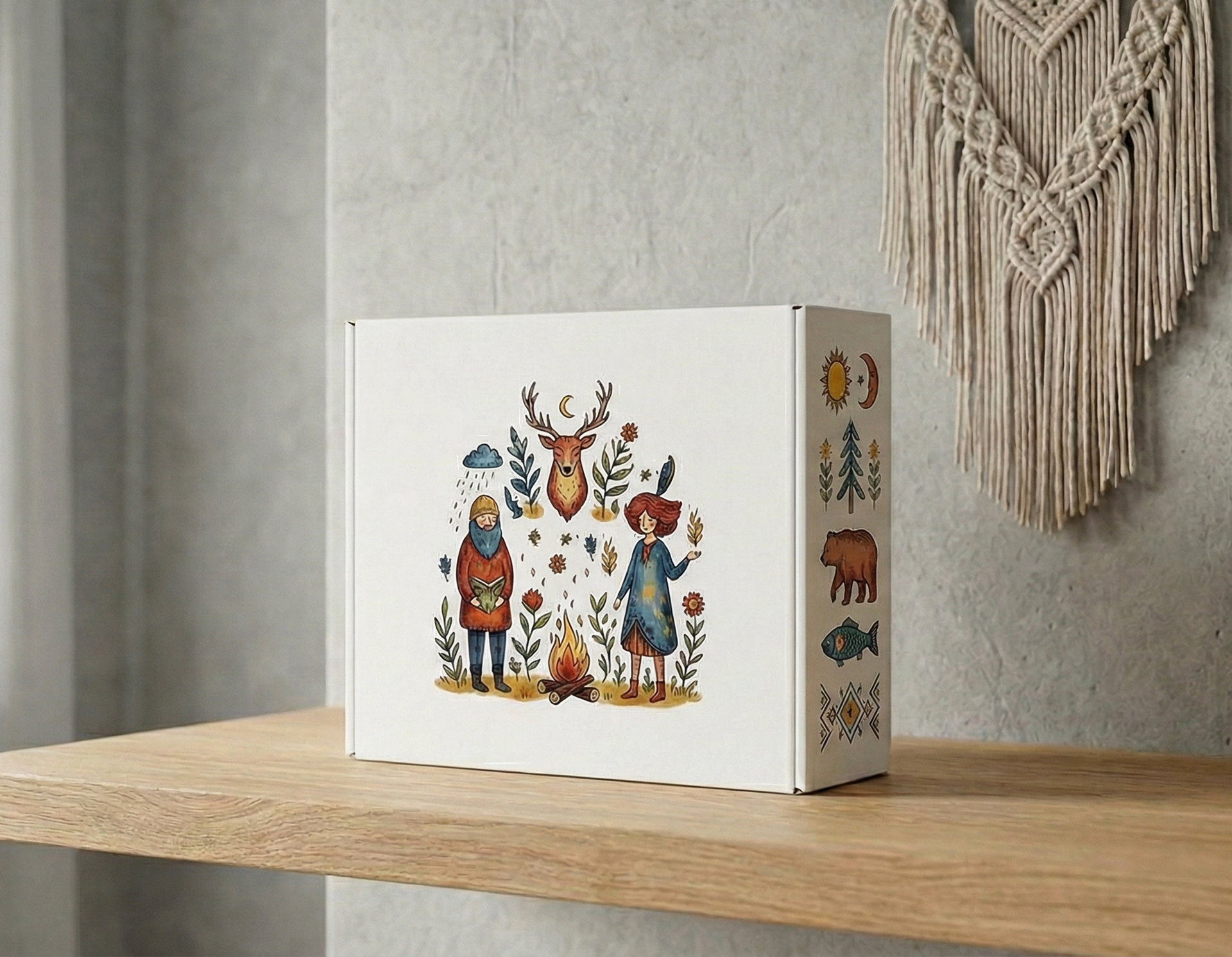 "White box with colorful folk art illustration of animals and nature motifs on wooden shelf