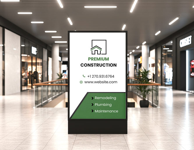 Digital signage display promoting a construction company in a modern shopping mall.