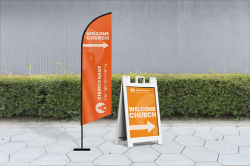 Outdoor church signs with a tall orange design and matching A-frame sidewalk item