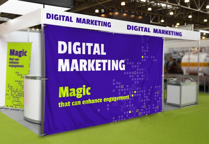 Trade show booth banner design with a note on digital marketing in white and neon green