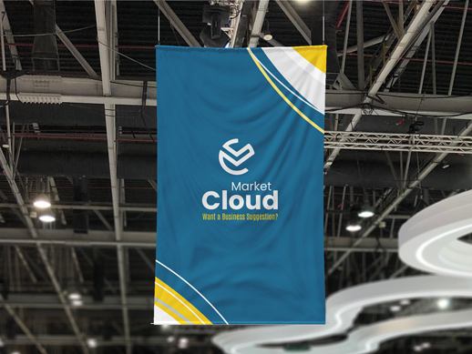 Trade show and event hanging fabric banner with brand logo and name in a blue background