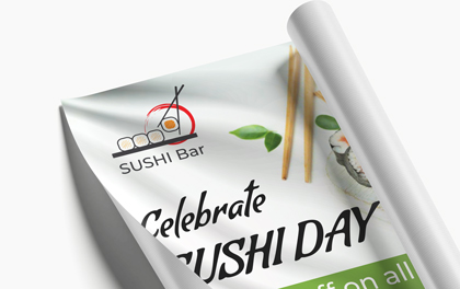 Sushi Bar fabric banner with a rolled material featuring various sushi-related items