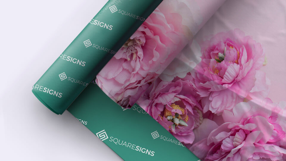 Fabric banner material with colorful graphics
