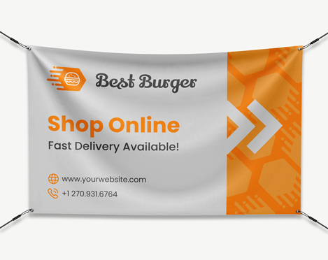 Hanging fabric banner reading Best Burger Shop Online with contact information