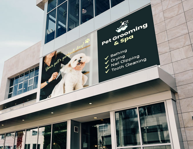 Large dog grooming sign installed on the pet spa's facade