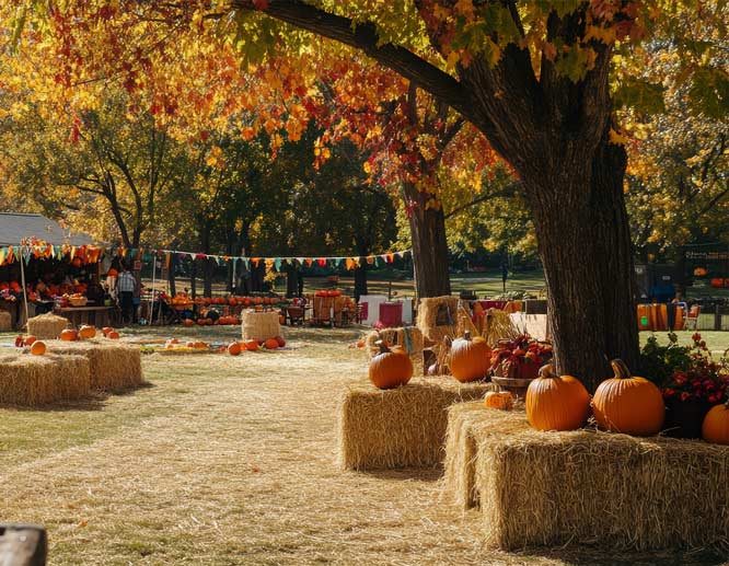 Outdoor fall festival scene with pumpkins, hay bales, and colorful leaves under trees, perfect for autumn event promotions.