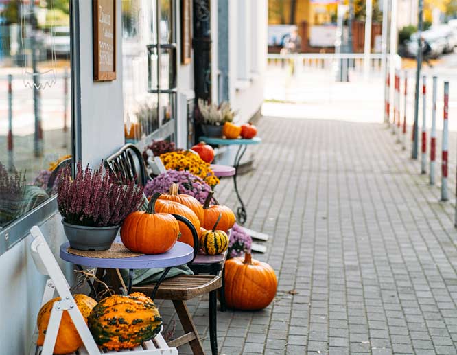 Sidewalk display with pumpkins, flowers, and autumn decor outside a store, showcasing seasonal storefront decorations.