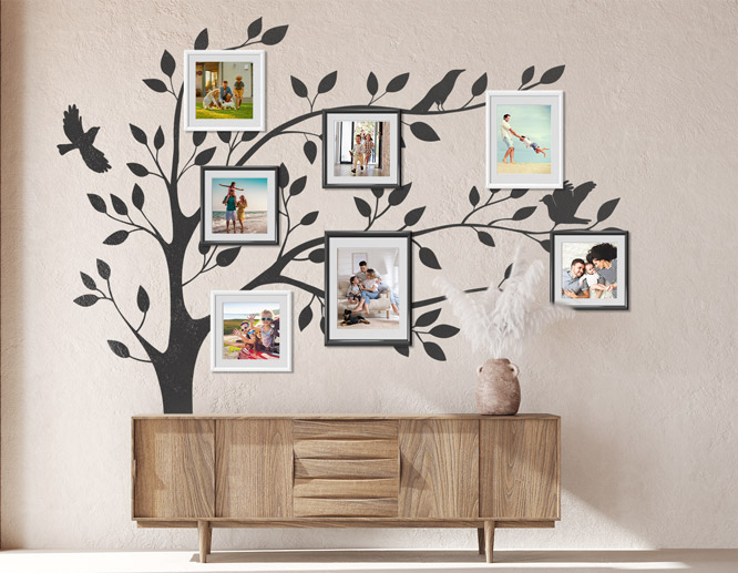 Living room vinyl wall art decal with a family tree and attached photos