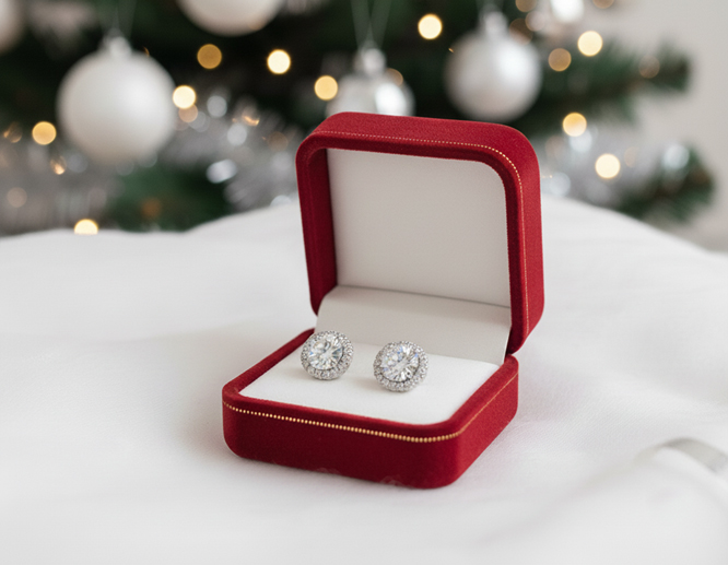 Sparkling earrings in red velvet jewelry box with Christmas tree image in background